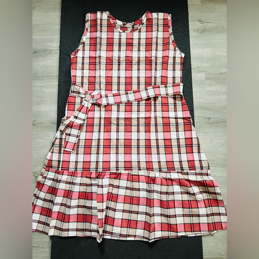 Designer Custom tailed Cotton plaid yellow sleeveless dress with self-tie belt.
